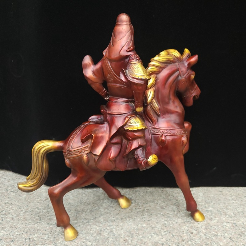 Copper painted bronze statue of Guan Gong riding a horse