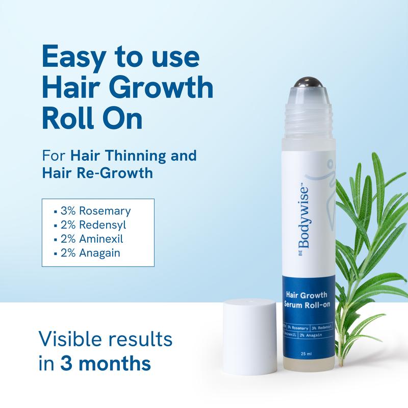 Be Bodywise Advanced Hair Growth Roll-On Serum | 3% Rosemary | 2% Aminexil | 3% Redensy l 2% Anagain | Precision Scalp Applicator | Paraben & Sulphate Free | Non oily and mess free