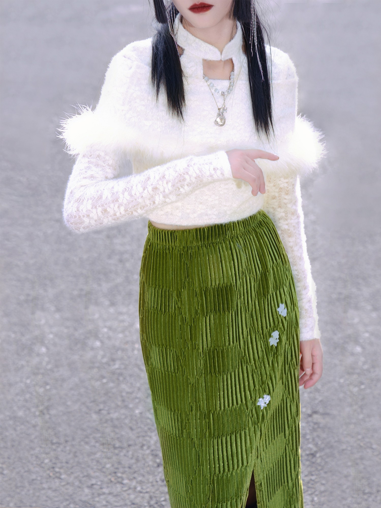 Fur Collar Trim Skirt Set
