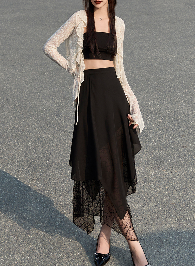 Trendy Solid Color Asymmetrical Lace Skirt