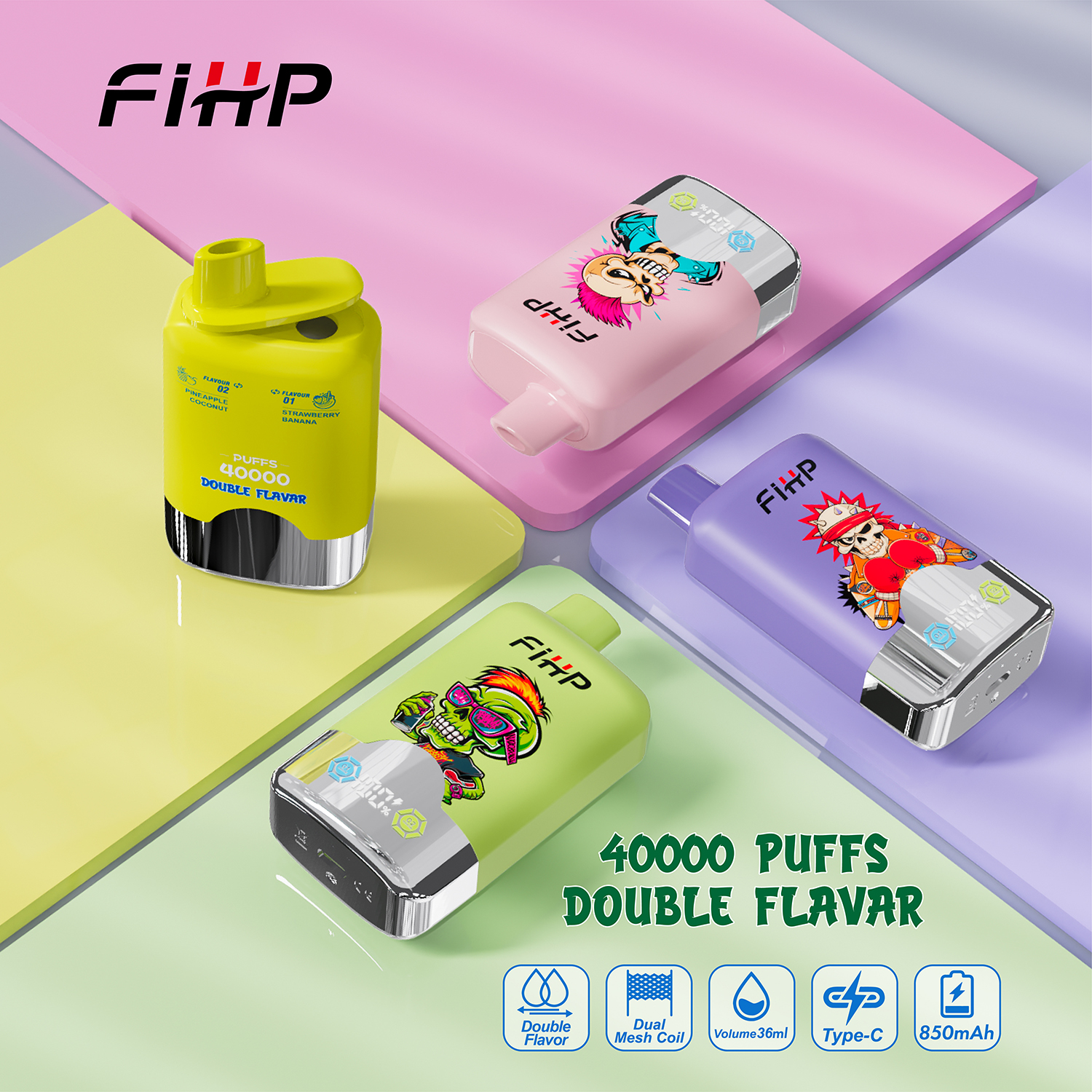FIHP 40000 Puffs Double Flavors| 2%-5% nicotine, 36mL, LED display, bulk disposable vape - PADA SNUS