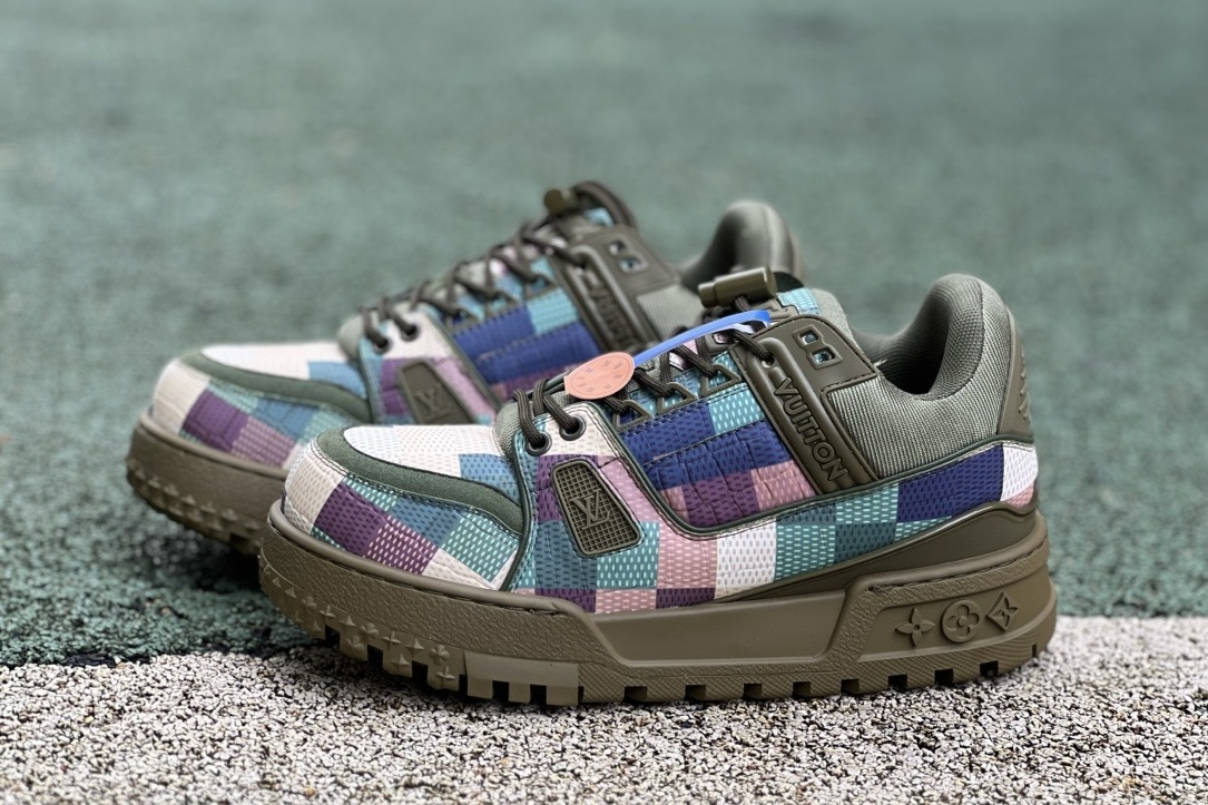 LV TRAINER MAXI Colored plaid army green - CCSHOES