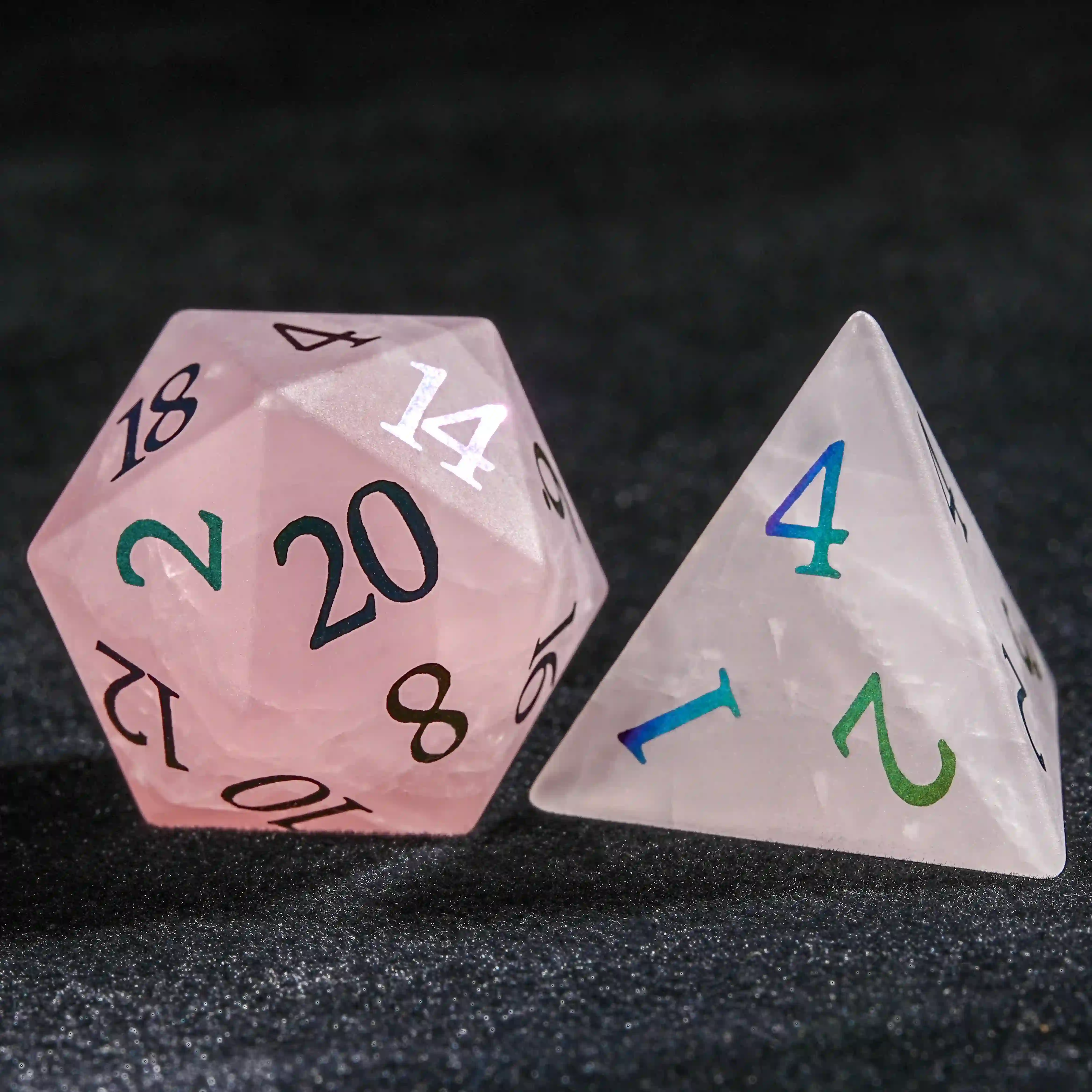 Pink Frosted Crystal Stone D&D Dice Set Colorful Font | Bear Dice