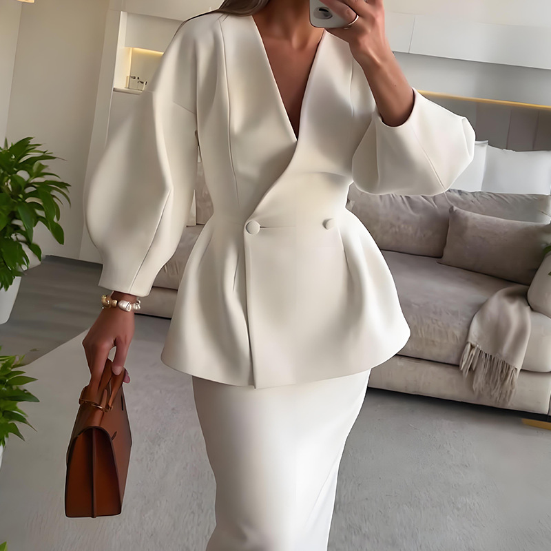 Women's Fashion Solid Color Button Puff Sleeve Skirt Dress Set