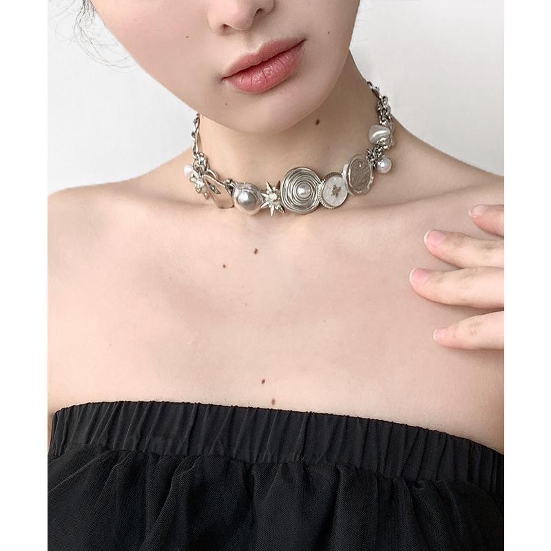 Silver Button Element Punk Necklace