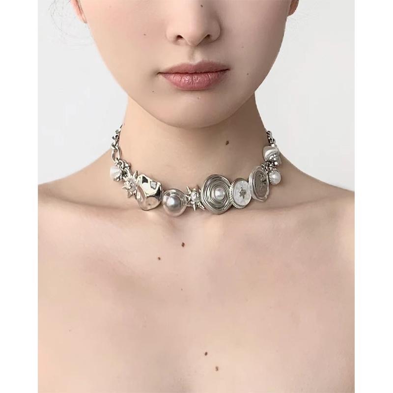 Silver Button Element Punk Necklace
