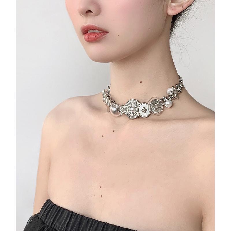 Silver Button Element Punk Necklace