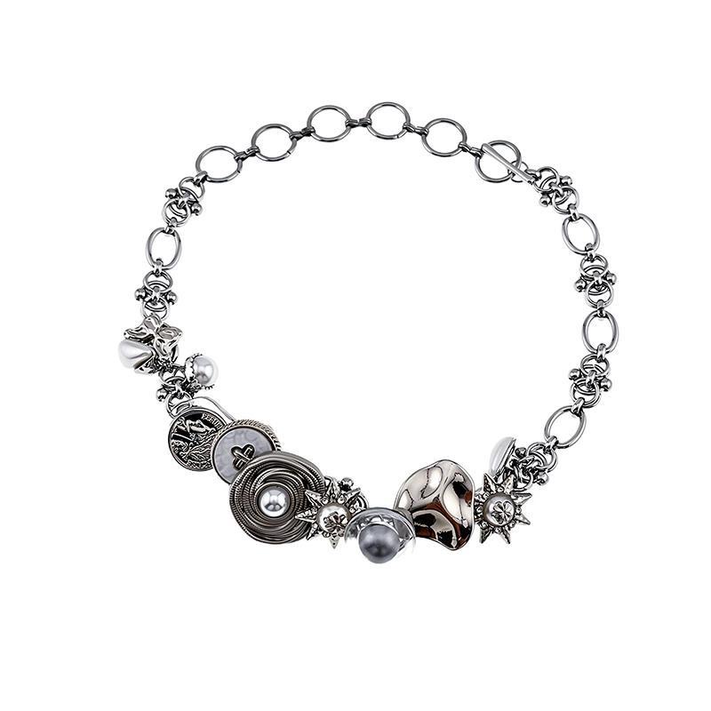 Silver Button Element Punk Necklace