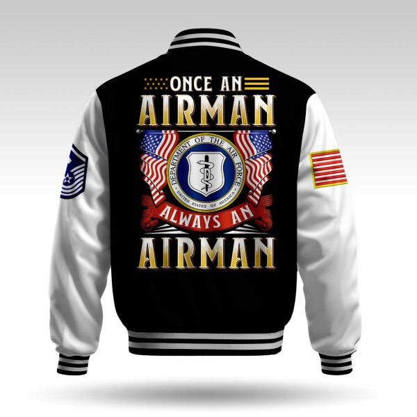 AirForce Badge Once An Airman always an airman Black Varsity Jacket