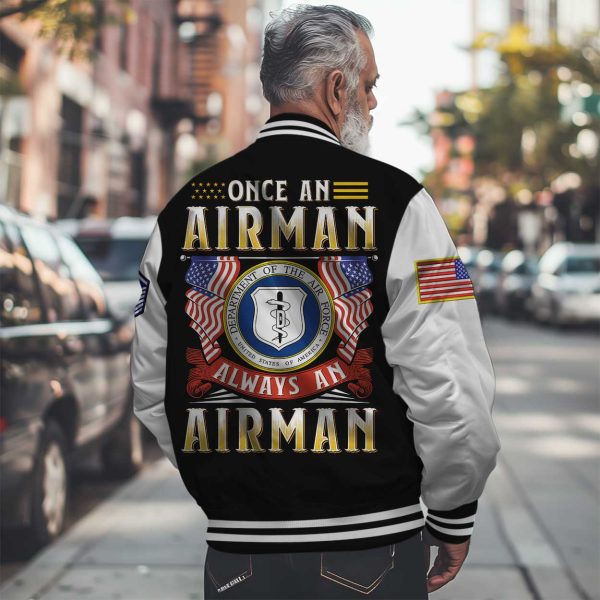 AirForce Badge Once An Airman always an airman Black Varsity Jacket