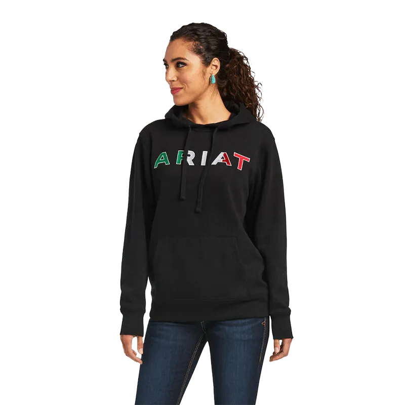 Arithtat Women's Mexico Flag Logo Pullover Black Hoodie