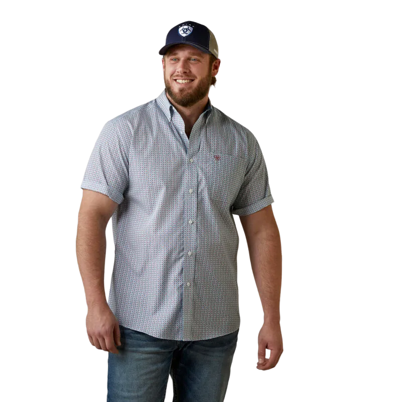 Arithtat Men's Eron Aegean Blue, Red, And Navy Geometric Wrinkle Free Shirt