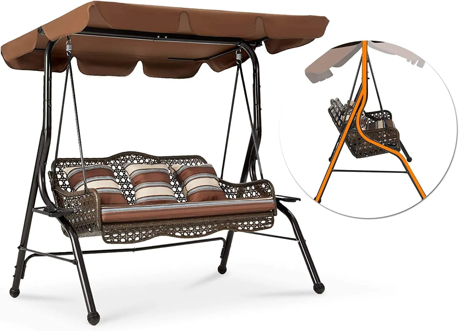 AECOJOY 3-Seat Proch Swing Chair, Patio Swing with Canopy, 2 Side Trays, 3 Pillows & Removable Cushion, Patio Wicker Swing with Stand Outdoor Swings for Adults, Balcony, Garden, Deck(Brown Rattan)