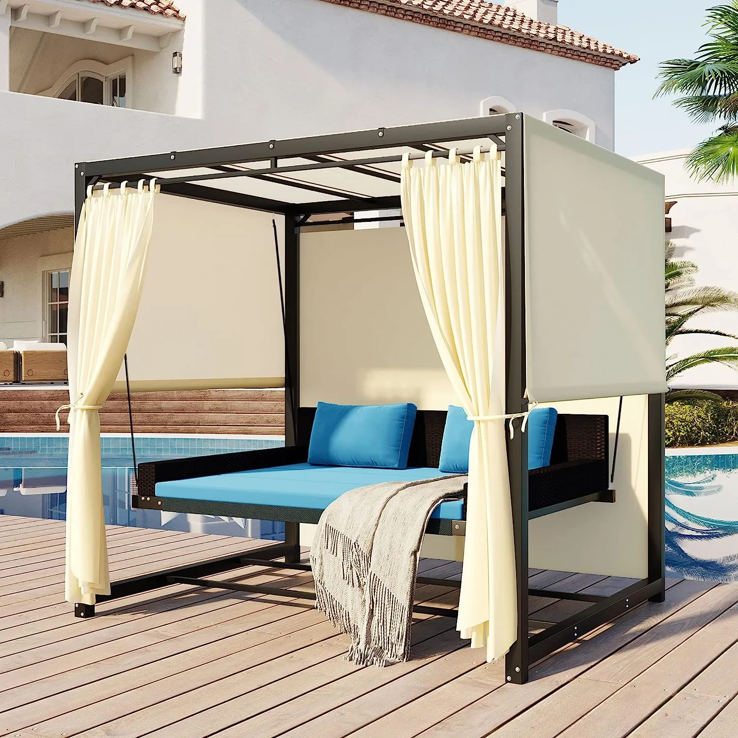 Merax 3-Seat Patio Swing Bed,Outdoor Porch Chair with Adjustable Canopy and Durable Steel Frame for Patio, Garden, Poolside Dark Grey