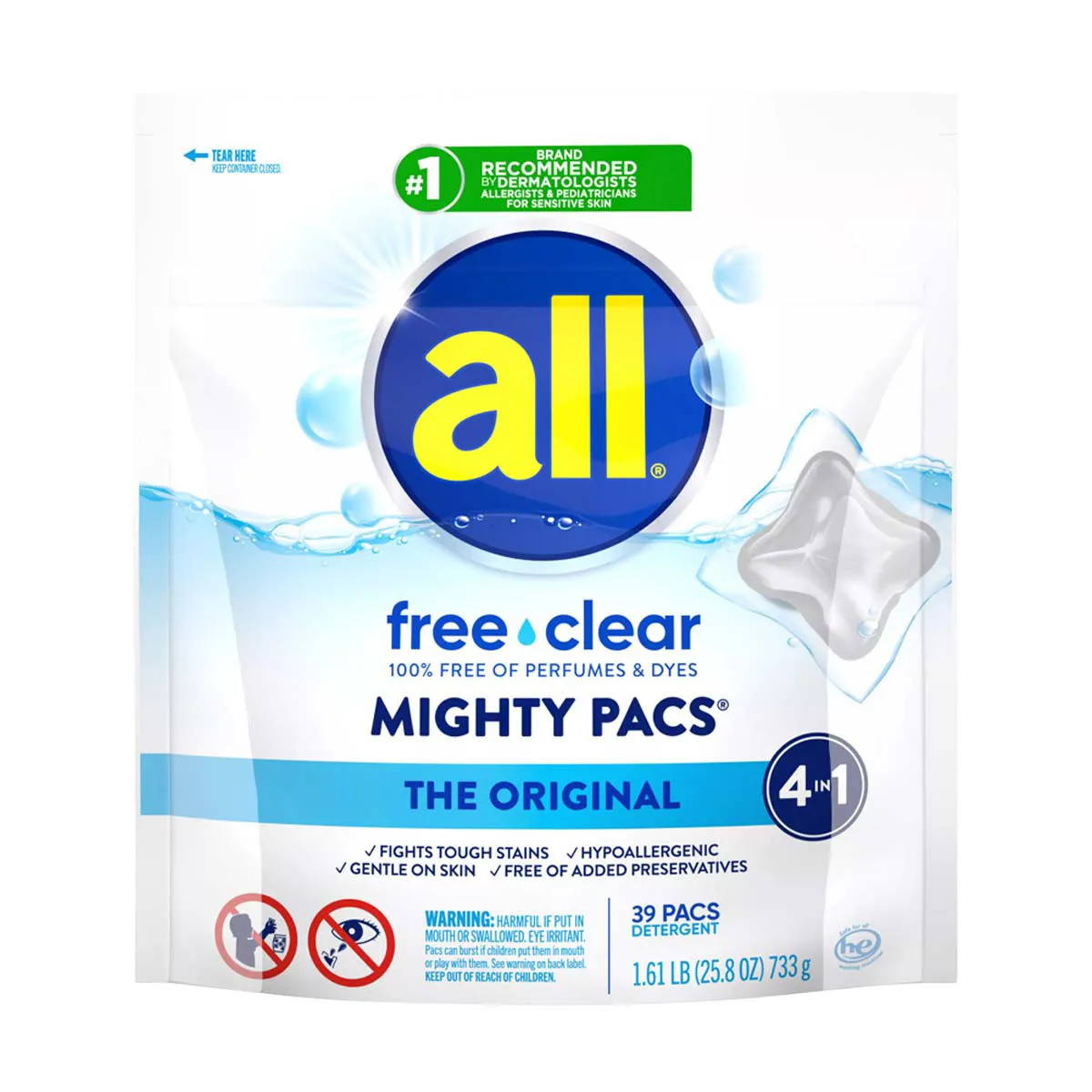 All Mighty Pacs Laundry Detergent Pacs Free Clear For Sensitive Skin, Unscented & Dye Free, 39 Ct