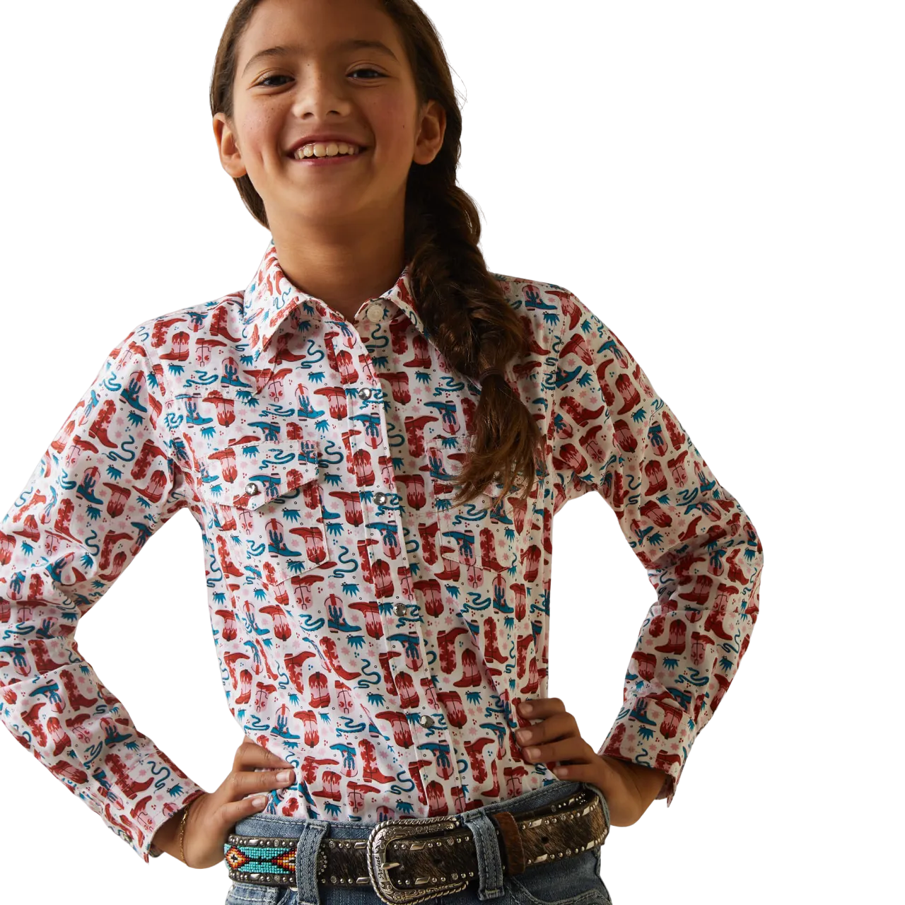 Arithtat Girls White with Turquoise Blazin' Boots Print Long Sleeve Western Shirt