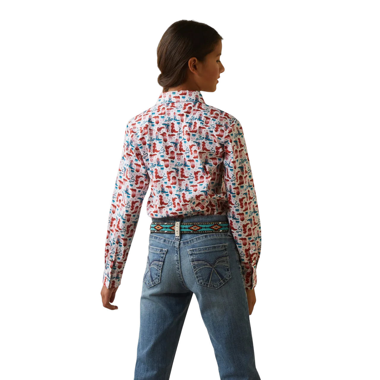Arithtat Girls White with Turquoise Blazin' Boots Print Long Sleeve Western Shirt
