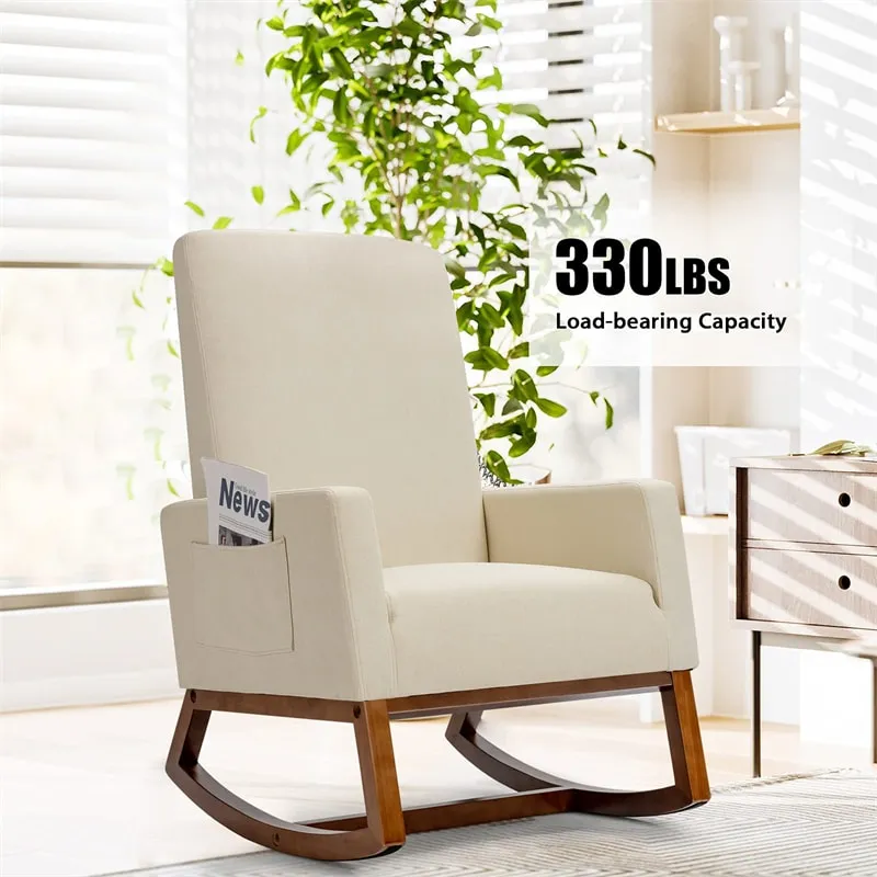 Upholstered Rocking Chair High Back Glider Rocker Chair Mid-Century Nursery Chair Modern Fabric Armchair with Wood Base