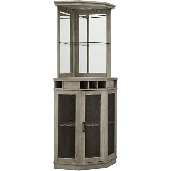 Home Source Stone Grey Corner Bar Unit with Built-in Wine Rack and Lower Cabinet