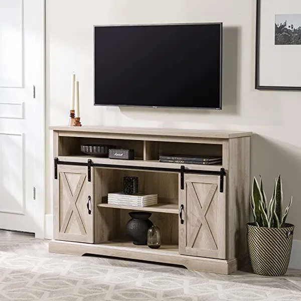 Walker Edison Richmond modern farmhouse sliding barn door TV stand for up to 52 inches, white and rustic oak white without fireplace 52 inches TV