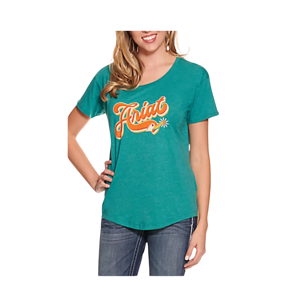 Arithtat Women's Spurscript Short Sleeve Teal Green Tee Shirt