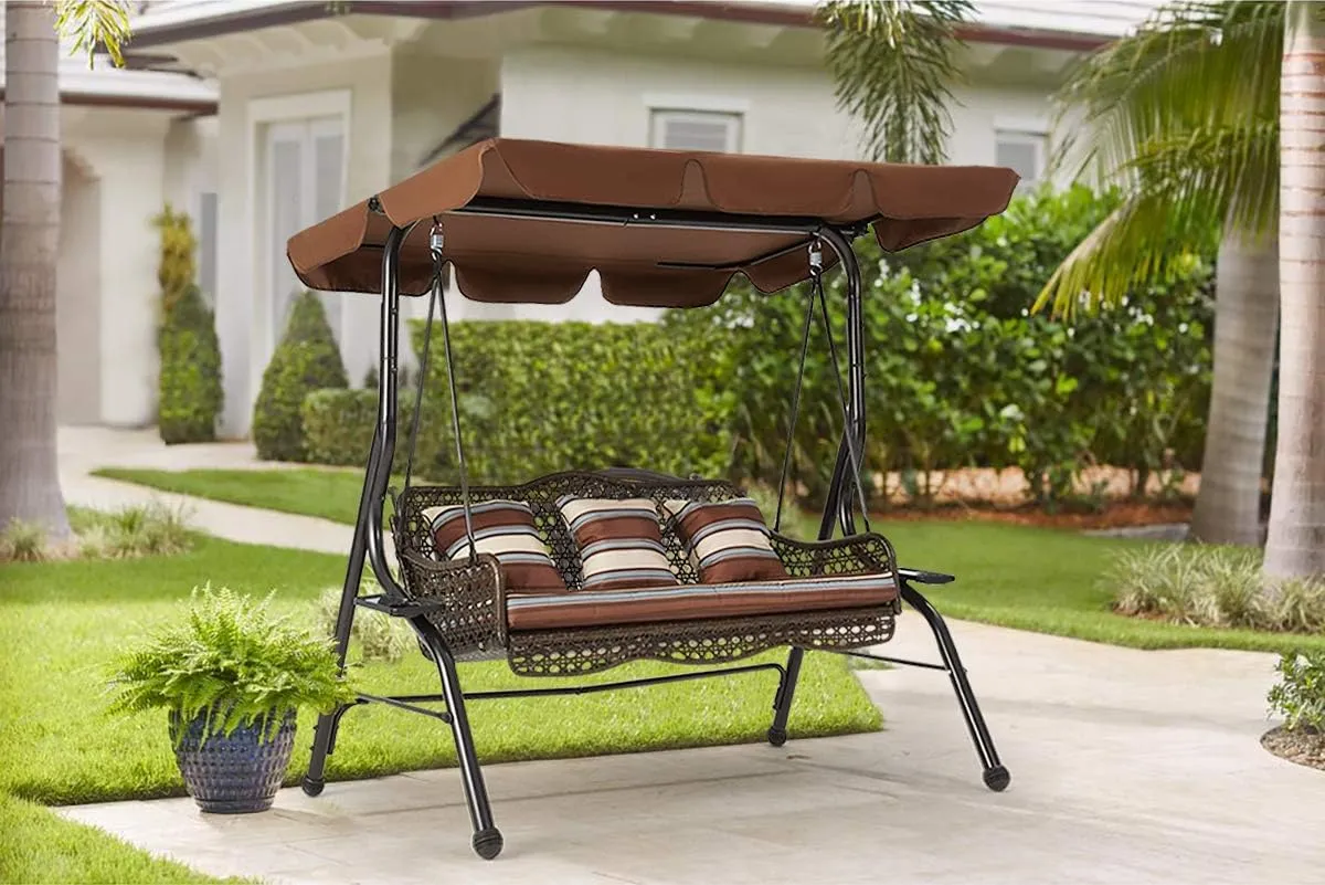 AECOJOY 3-Seat Proch Swing Chair, Patio Swing with Canopy, 2 Side Trays, 3 Pillows & Removable Cushion, Patio Wicker Swing with Stand Outdoor Swings for Adults, Balcony, Garden, Deck(Brown Rattan)