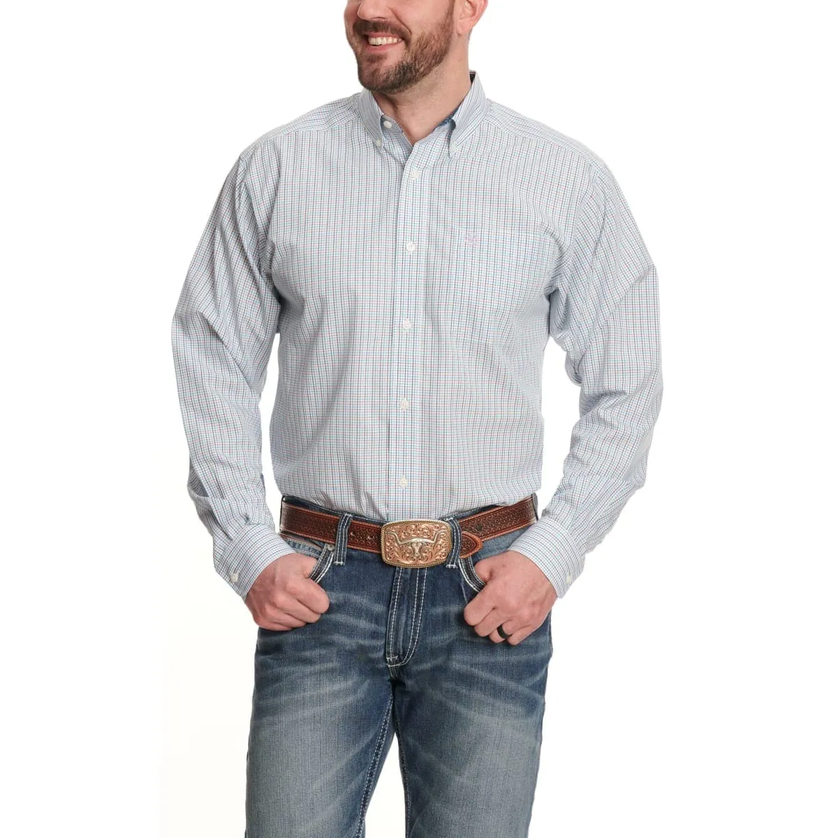 Arithtat Men's Emerson Wrinkle Free Peach And Teal Plaid Shirt