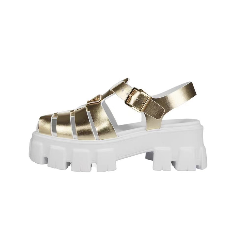 Prada  Leather Round Head Buckle Sandals Slide