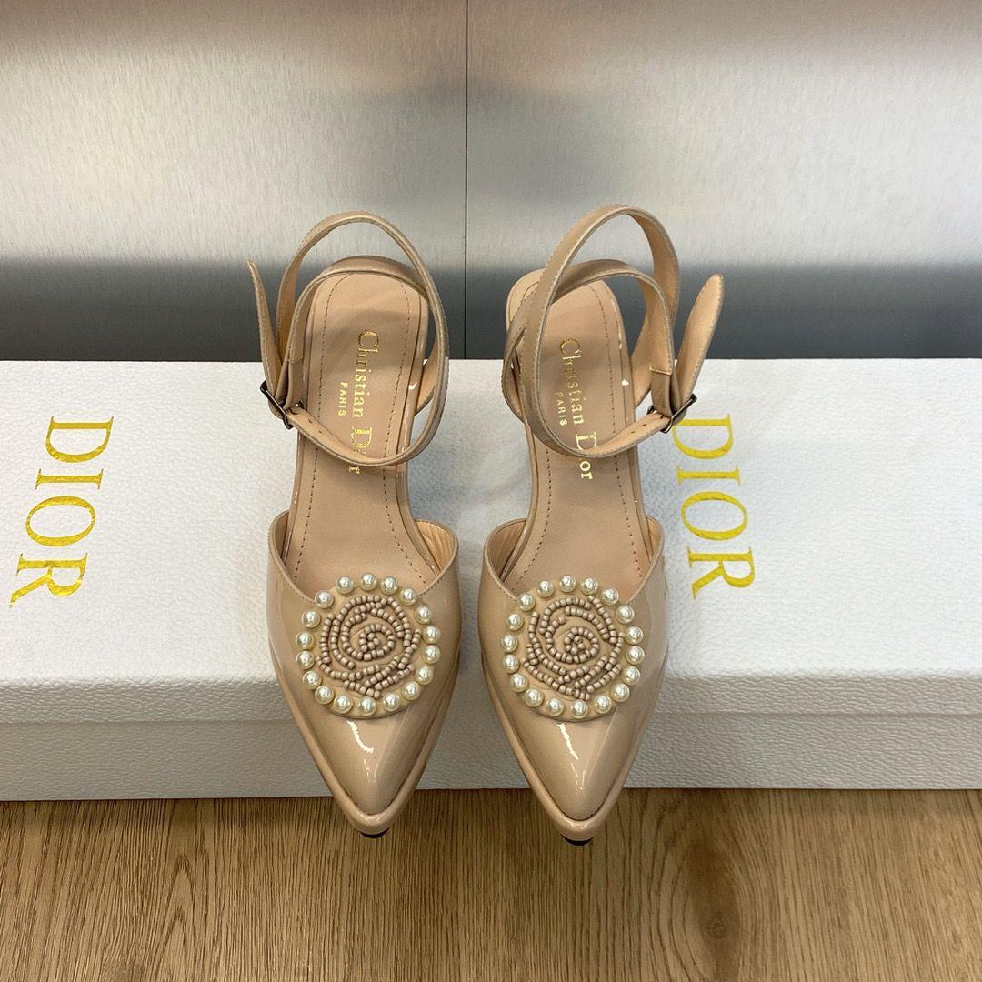 Dior Pearl Beading Flower Ankle Strap Slingbacks
