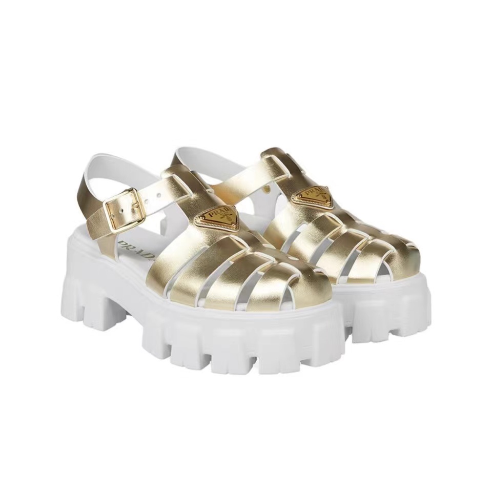 Prada  Leather Round Head Buckle Sandals Slide
