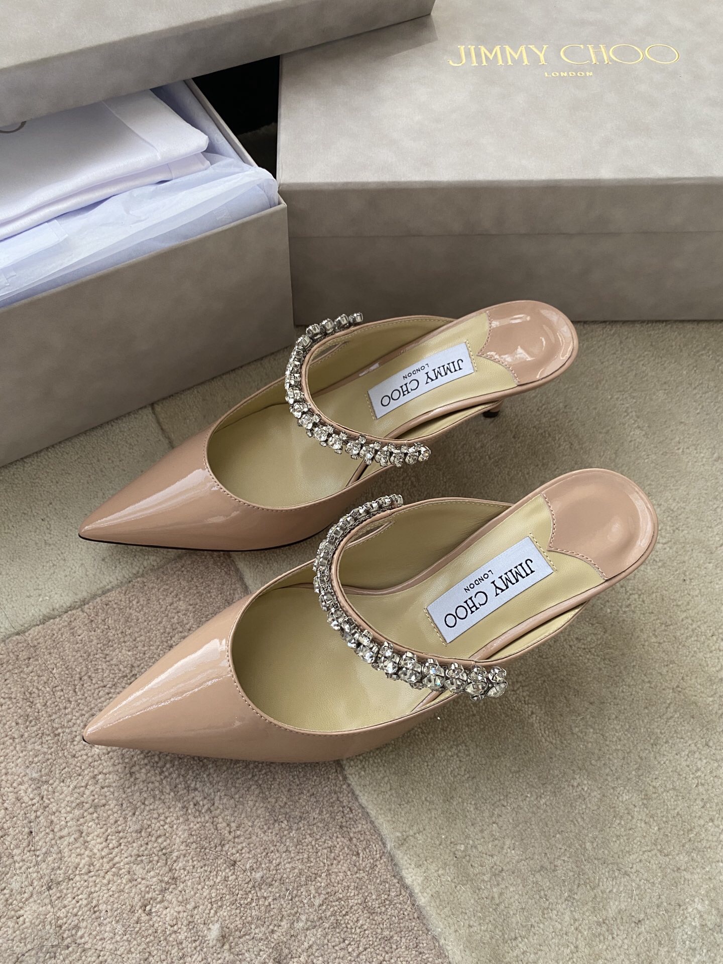 Jimmy Choo Bing 100 Ballet Pink Patent Leather Mules with Crystal Strap