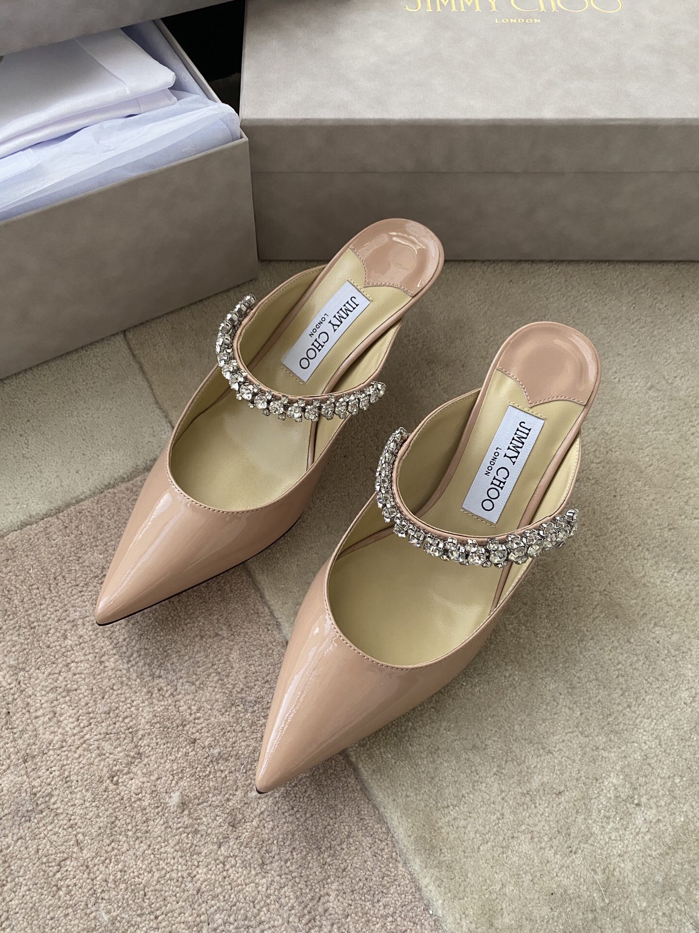 Jimmy Choo Bing 100 Ballet Pink Patent Leather Mules with Crystal Strap