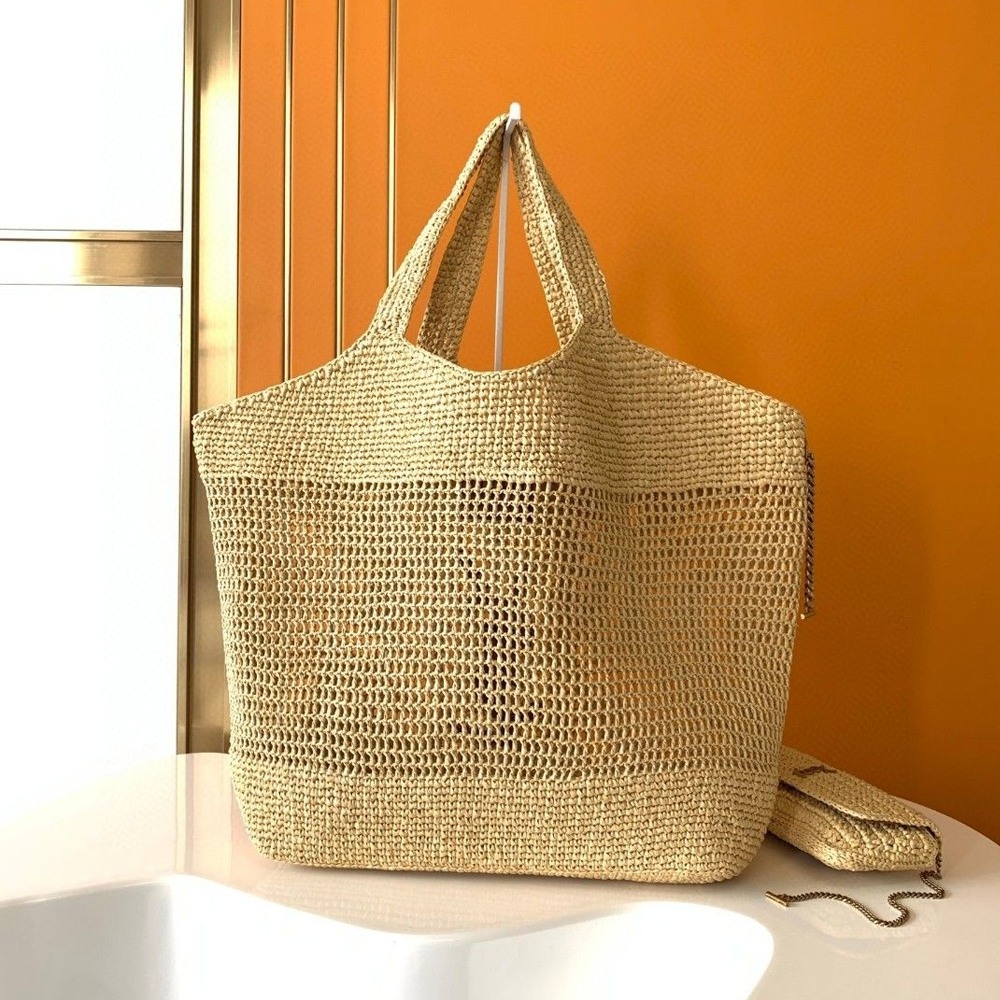 YSL Saint Laurent Raffia Icare Shopping Tote Bag