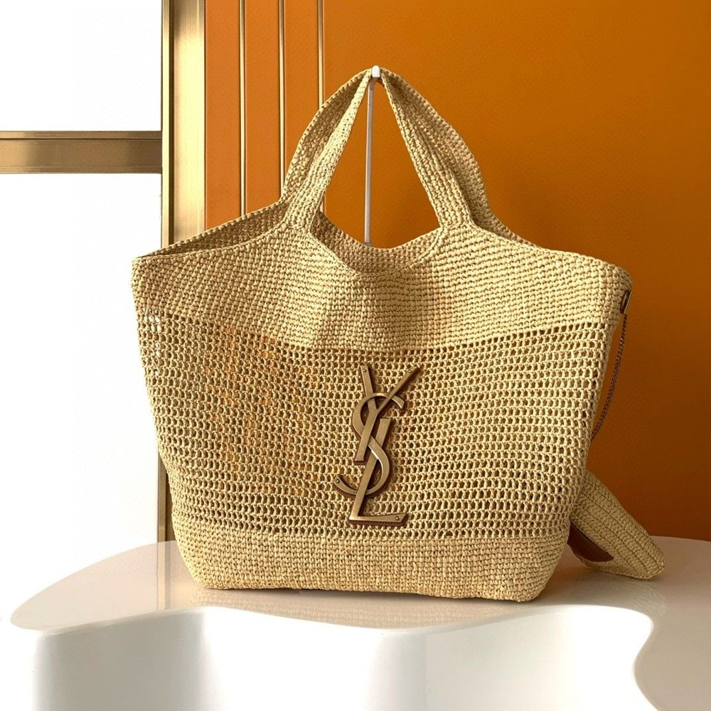 YSL Saint Laurent Raffia Icare Shopping Tote Bag