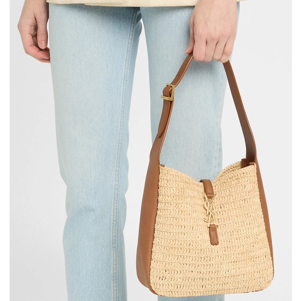 YSL Saint Laurent Le 5 à 7 Supple Small Leather-trimmed Raffia Shoulder Bag