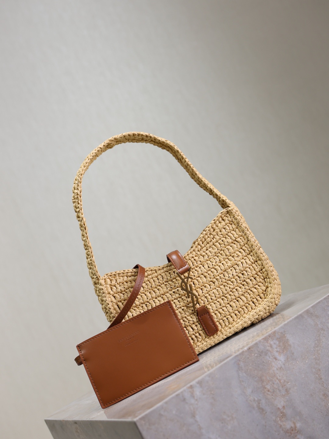 SAINT LAURENT Raffia Calfskin Le Mini Hobo Natural