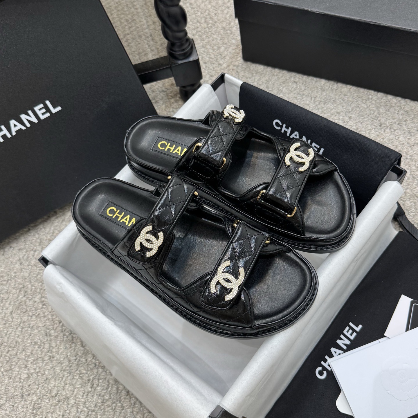 Chanel Black Leather Slides