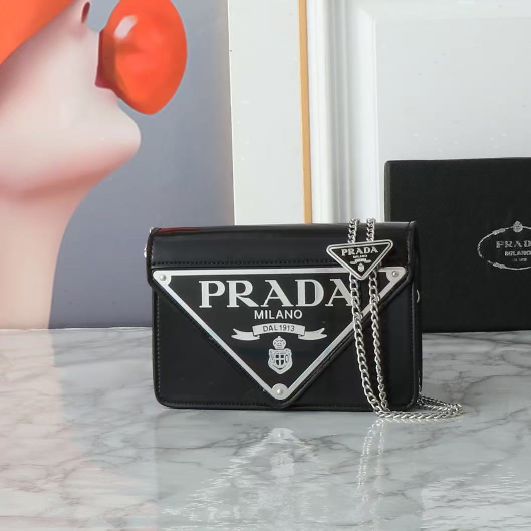 Prada Spazzolato Triangle Logo Plate Flap Chain Crossbody Bag