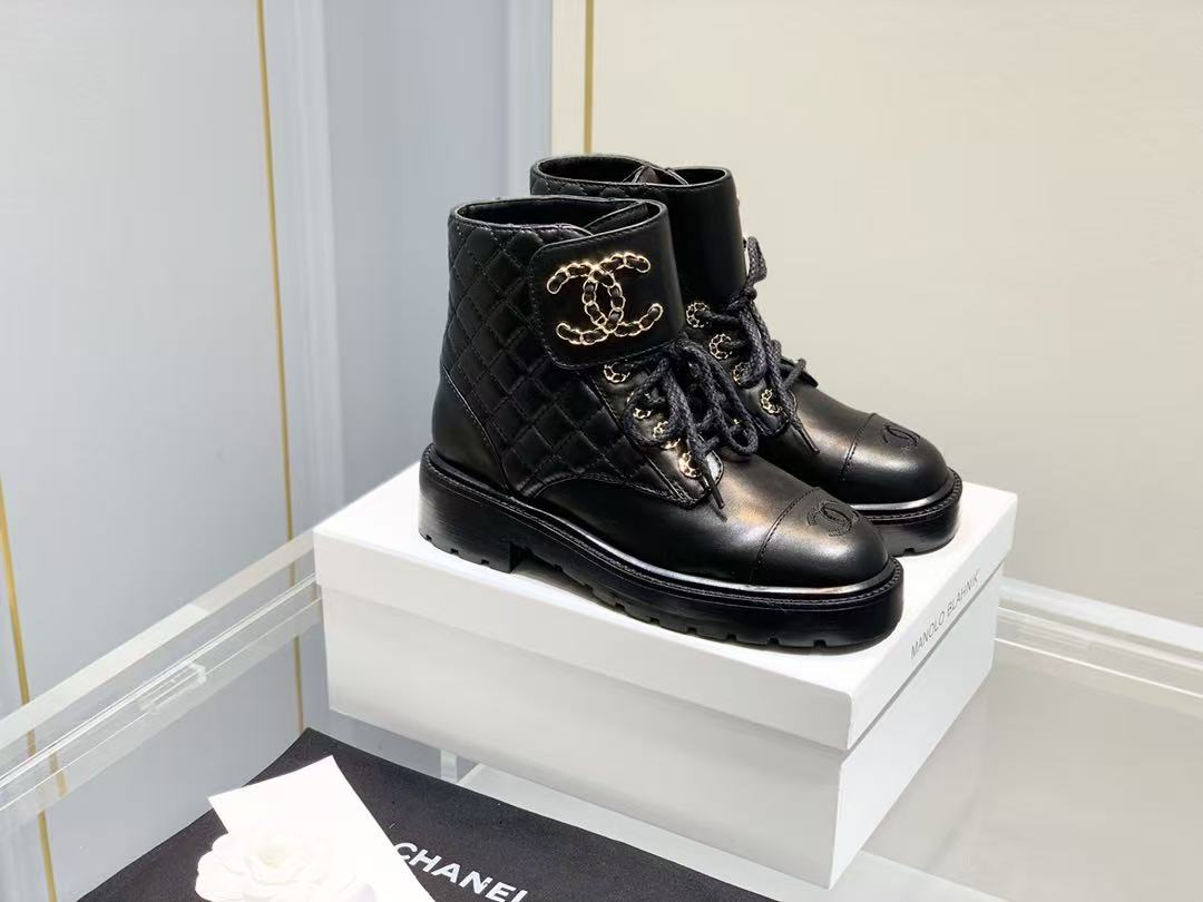 Chanel Shiny Qulited Lace Up Combat Boots Black