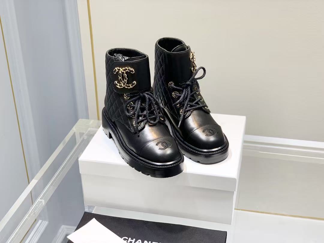 Chanel Shiny Qulited Lace Up Combat Boots Black
