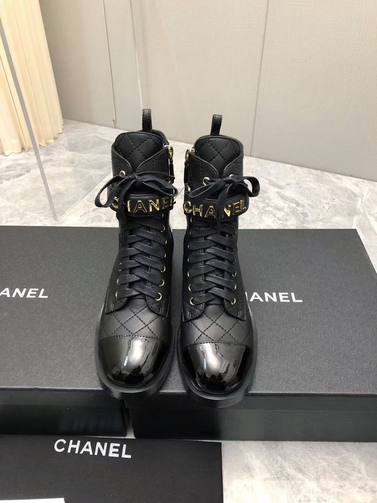 Chanel Qulited Lace Up Combat Boots Black