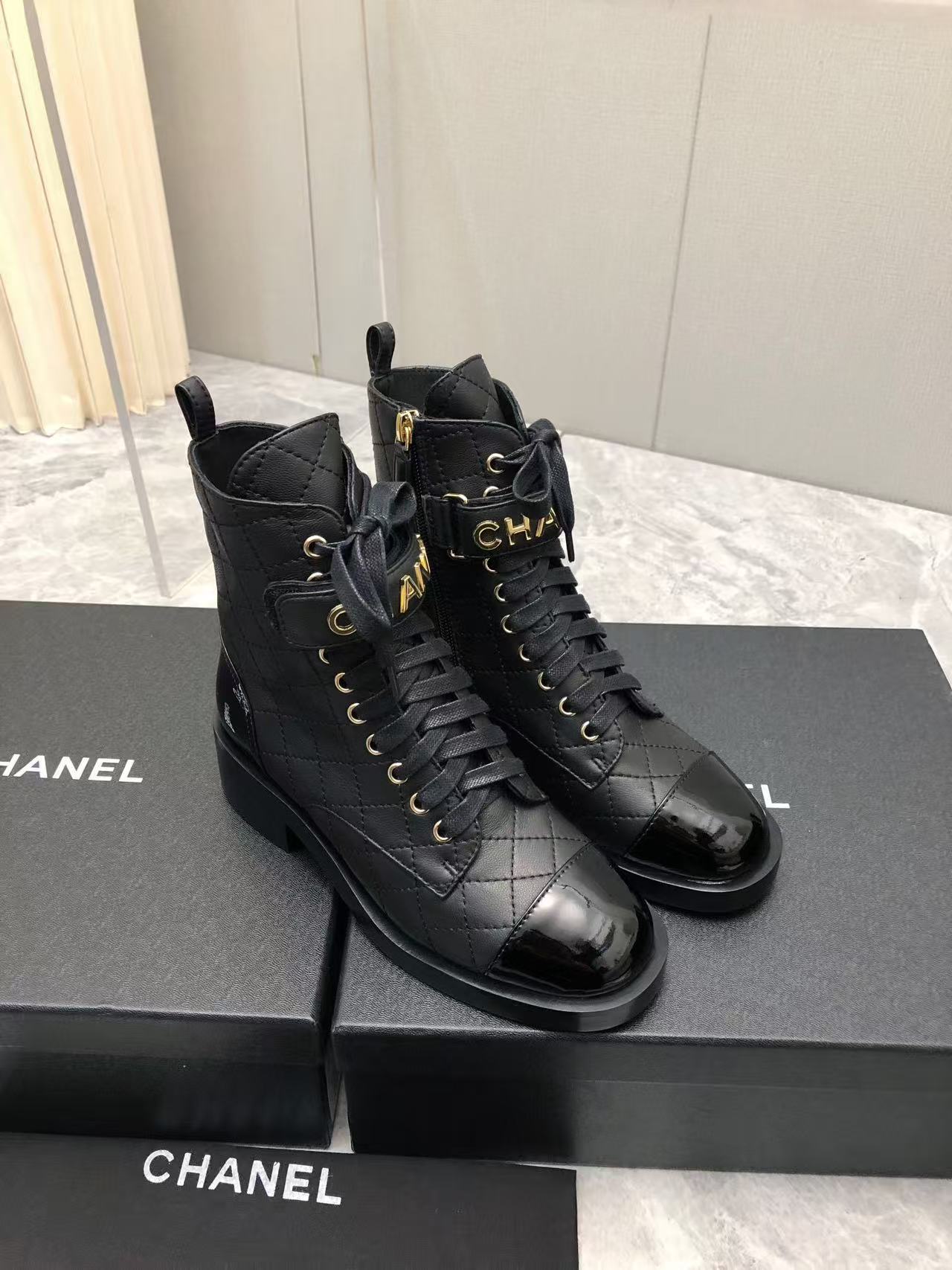 Chanel Qulited Lace Up Combat Boots Black