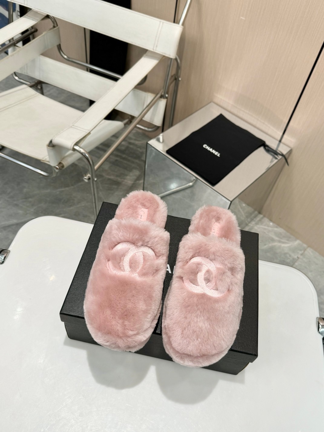 Chanel Fuzzy-Topped Slippers