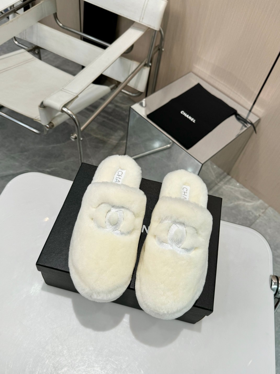 Chanel Fuzzy-Topped Slippers
