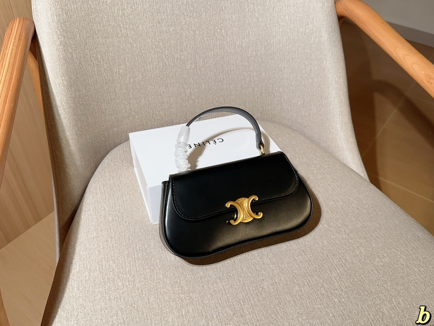 Celine Classic Flap Handbag in Black with Gold Logo