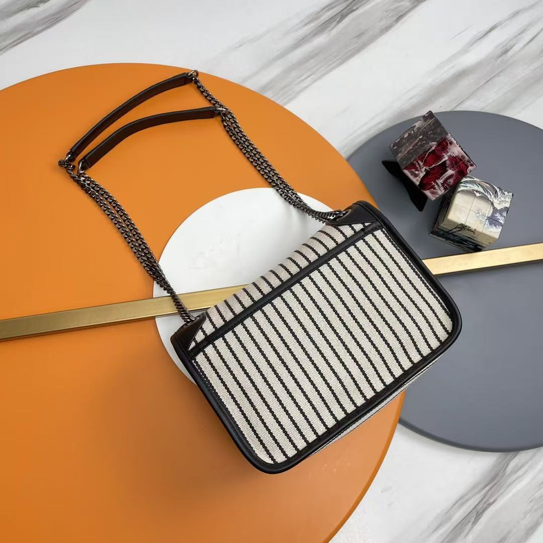 Saint Laurent YSL Cotton Canvas Striped Shoulder Bag