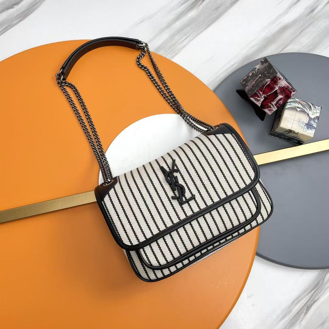 Saint Laurent YSL Cotton Canvas Striped Shoulder Bag