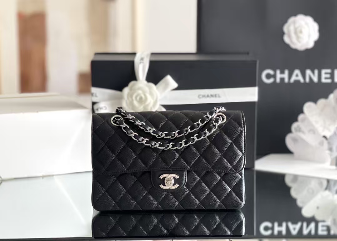 CHANEL Classic Double Flap Quilted Caviar Silver Top Quality