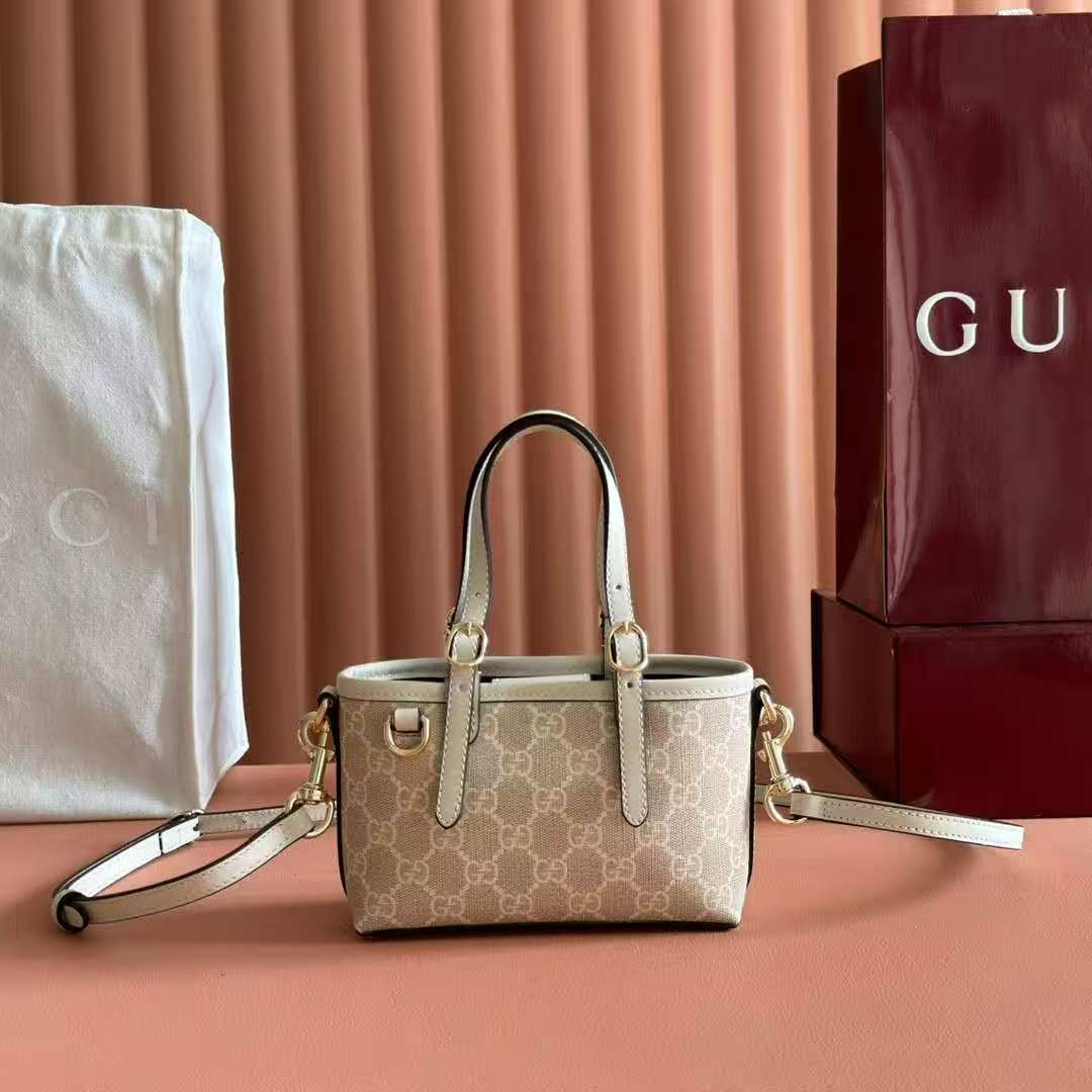 Gucci GG Emblem Mini Bag in Beige and White GG Fabric