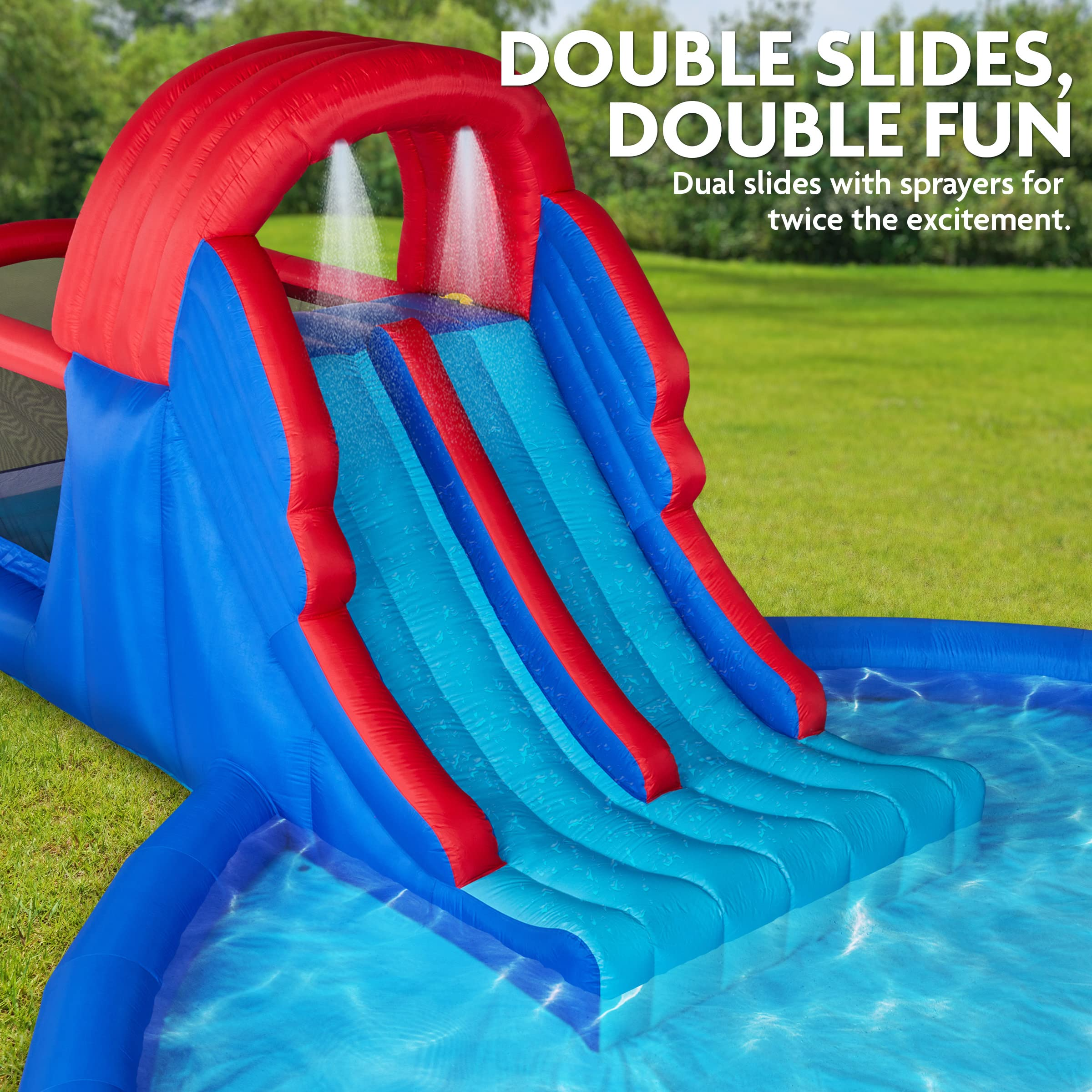 【Sports&Outdoors】Dual Slide Roundabout Inflatable Water Park - Climbing Wall, Slides, Bounce House & Huge Pool